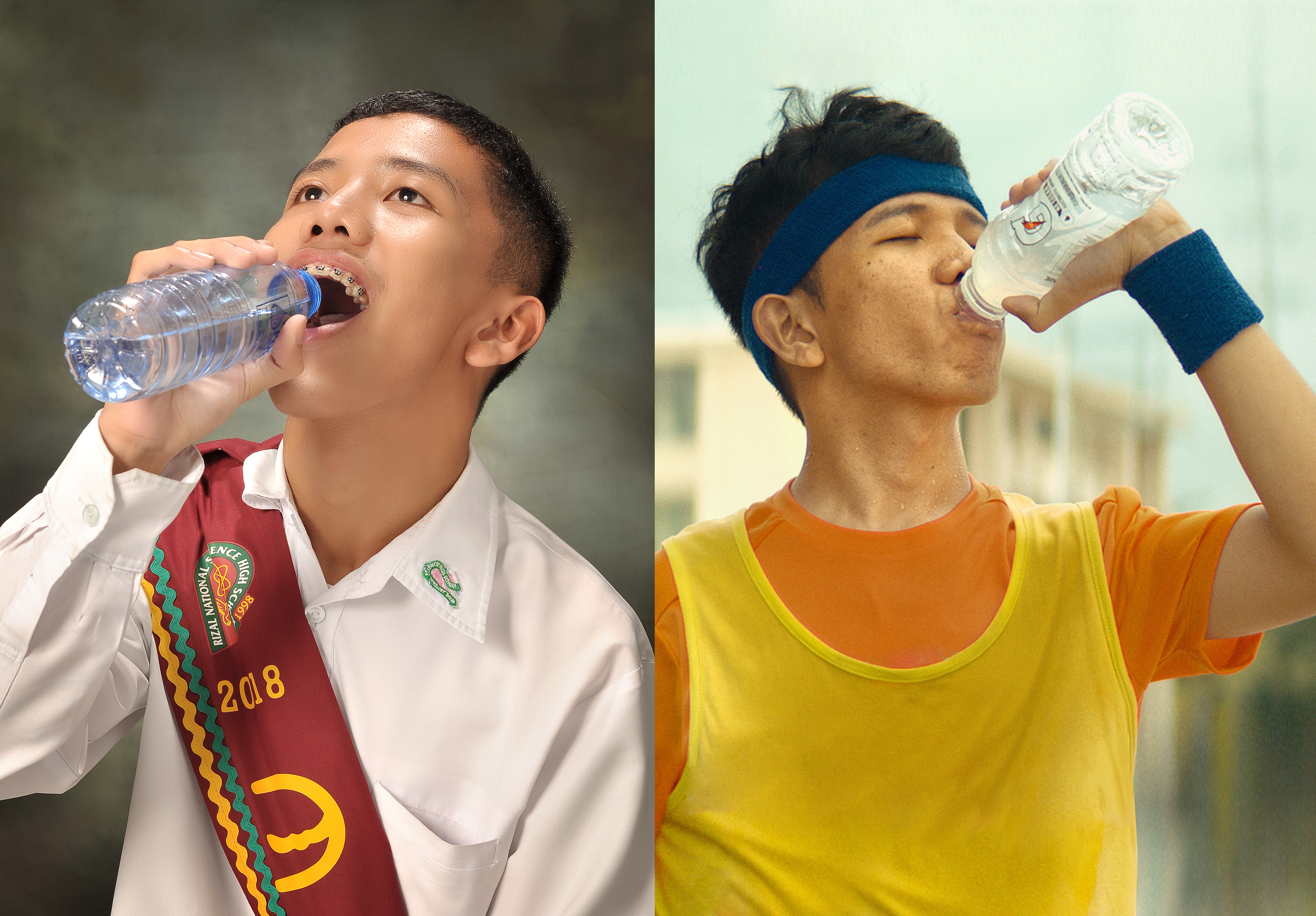 Two side-by-side photos of boys drinking. One is drinking water and the other is drinking gatorade