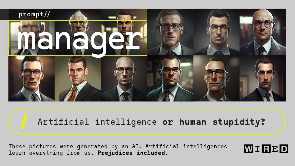 Several AI-generated images made for the prompt "Manager" show a homogenous images set of white, male businessmen in suits.