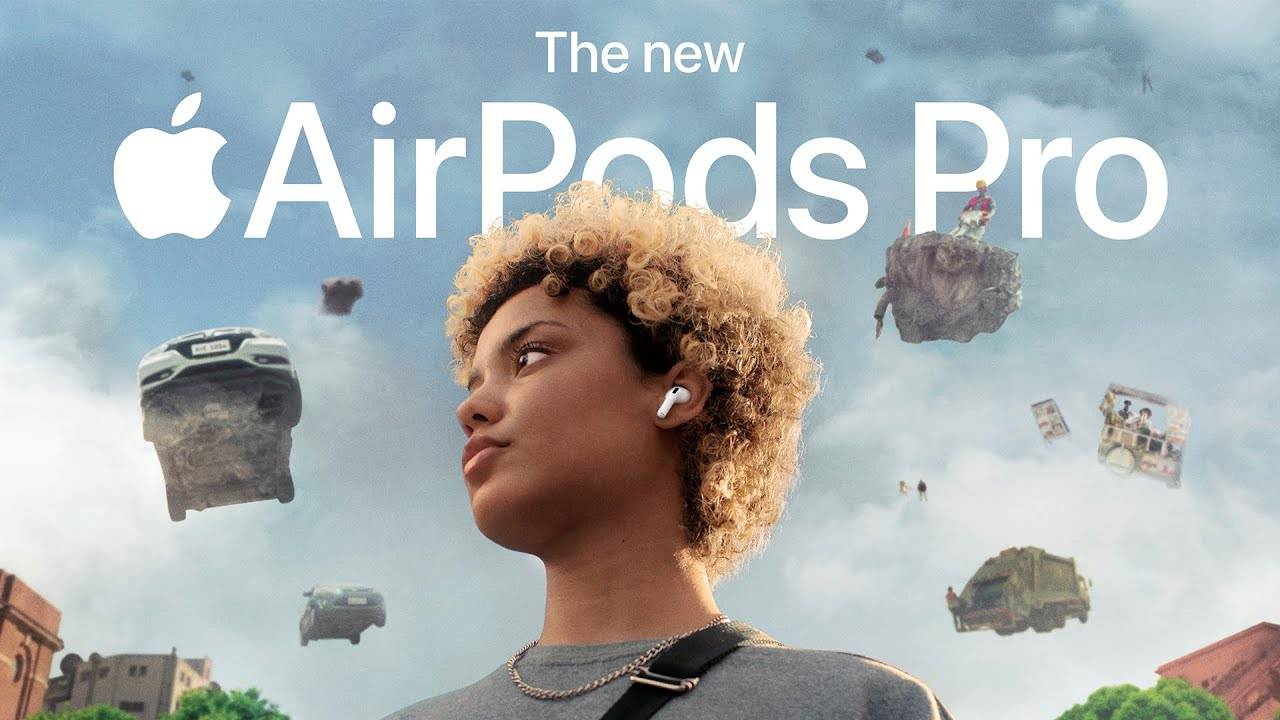 Airpods "Quiet the Noise" Poster. Side profile of a woman with her airpods in. Behind her is are floating cars, people and the sidewalk