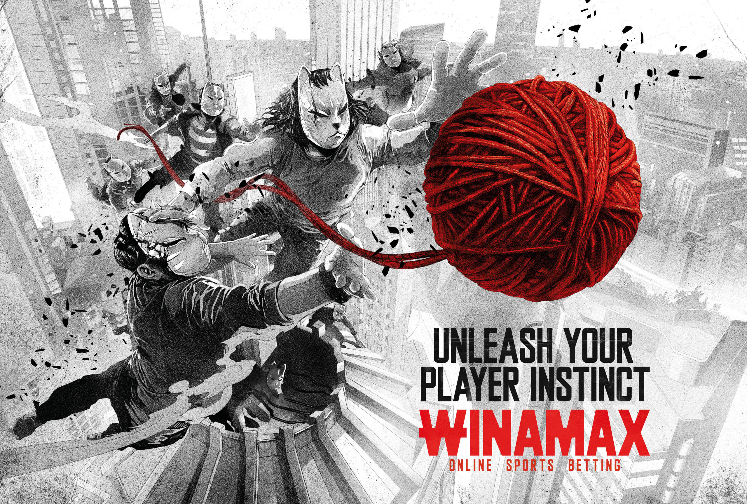 DEF WINAMAX_SKYLINE DEF Cat-like humans reaching for a ball of red yarn