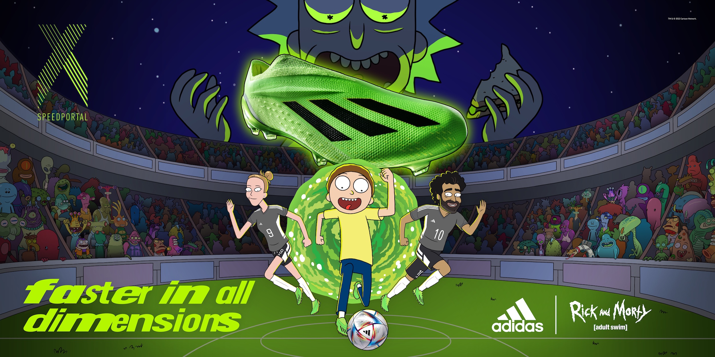 Morty from Rick and Morty comes out of a portal and kicks a soccer ball into the arena while wearing adidas