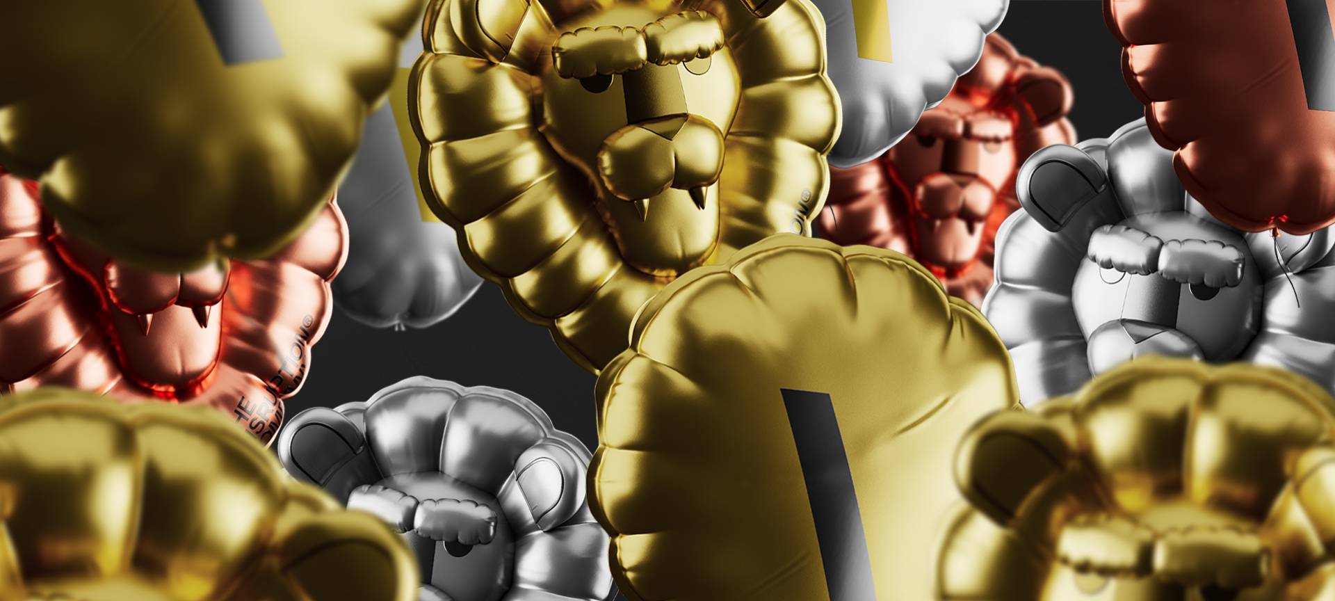 Gold, silver and bronze 3D lion balloons overlapping the entire screen