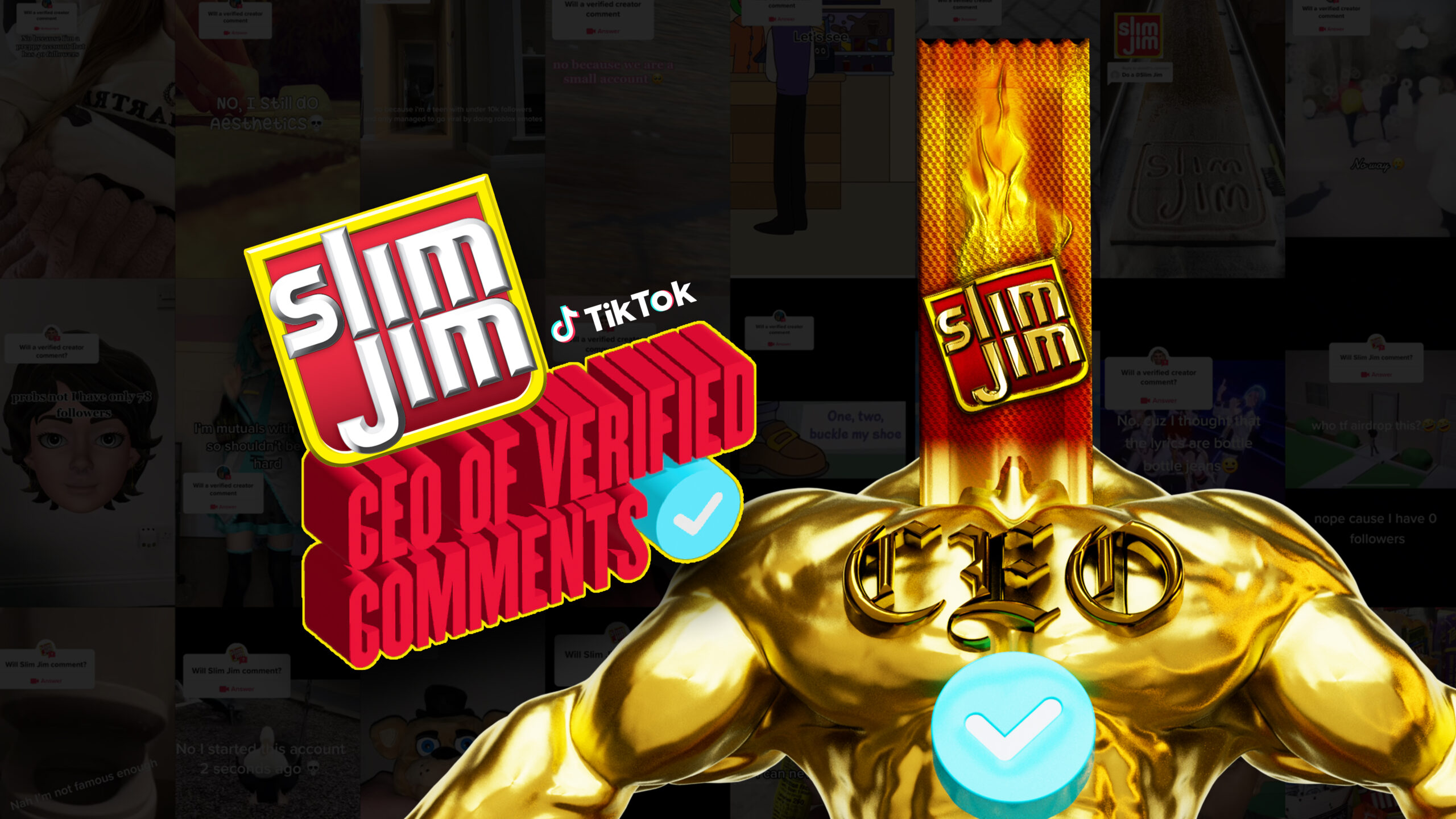 Golden Muscular Figure with Slim Jim Packaging as its head. Next to it reads "Slim Jim. CEO of Verified Comments" with the TikTok logo