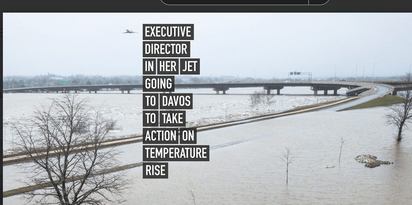 Executive Director in Private Jet flying to discuss climate crisis flying over flooded highway