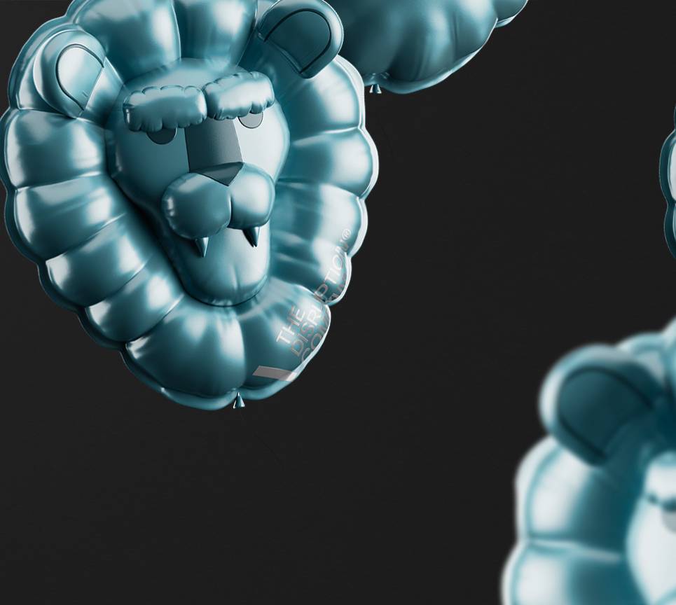 Blue balloons of a Lion fill the screen, labeled with the title 'The Disruption Company'