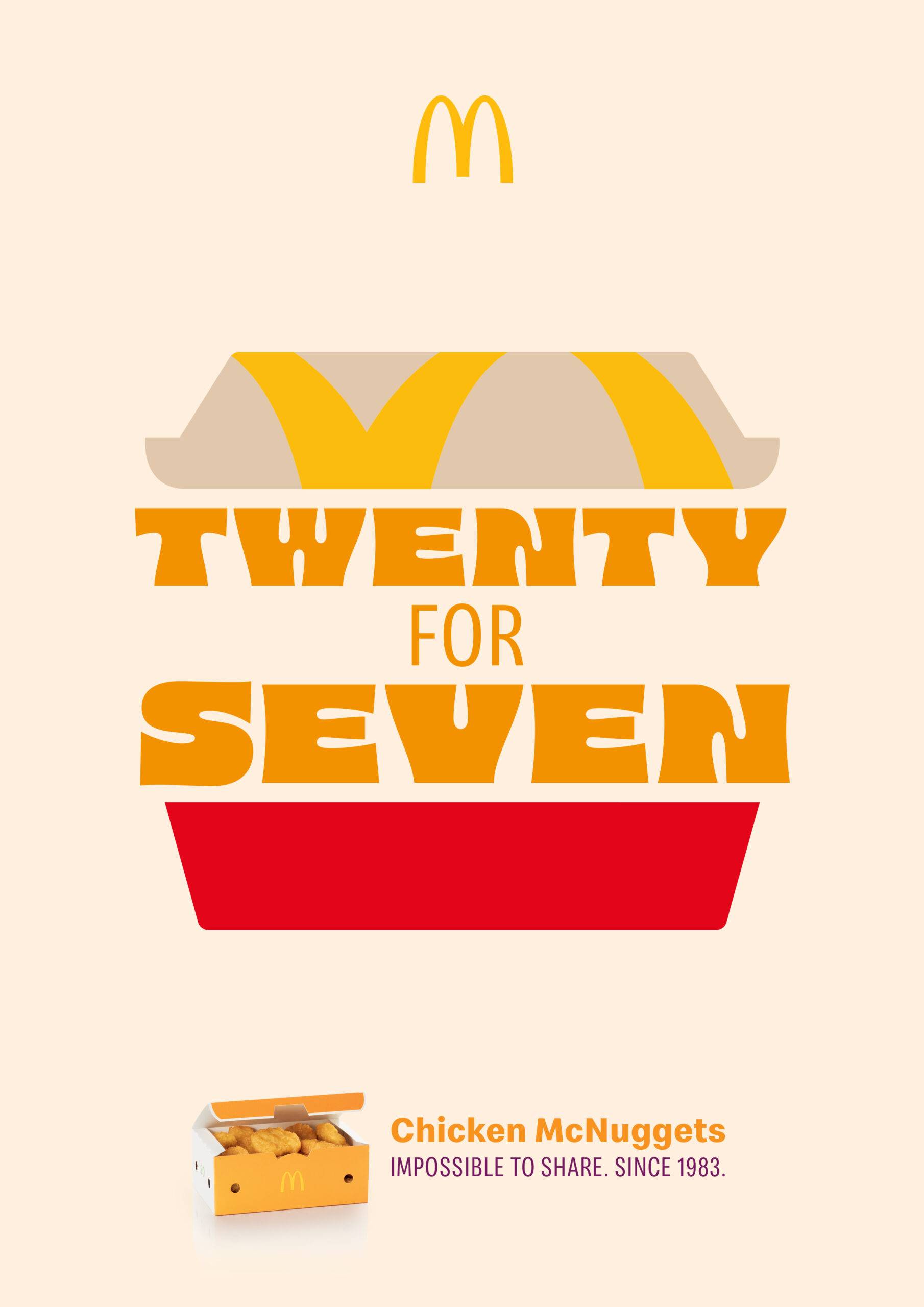 A poster of a McNuggets box that say "Six for Four: Chicken McNuggets, Impossible to share since 1983"