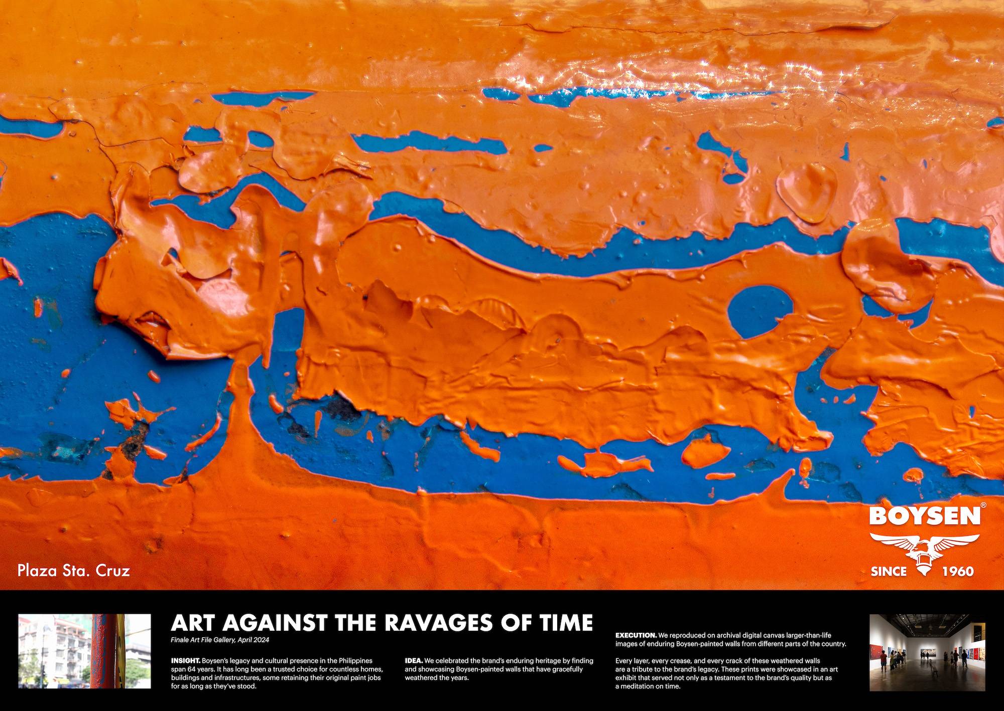 Boysen-ArtAgainstTheRavagesOfTime-Plaza An orange painted wall worn with the passage of time, revealing blue underneath