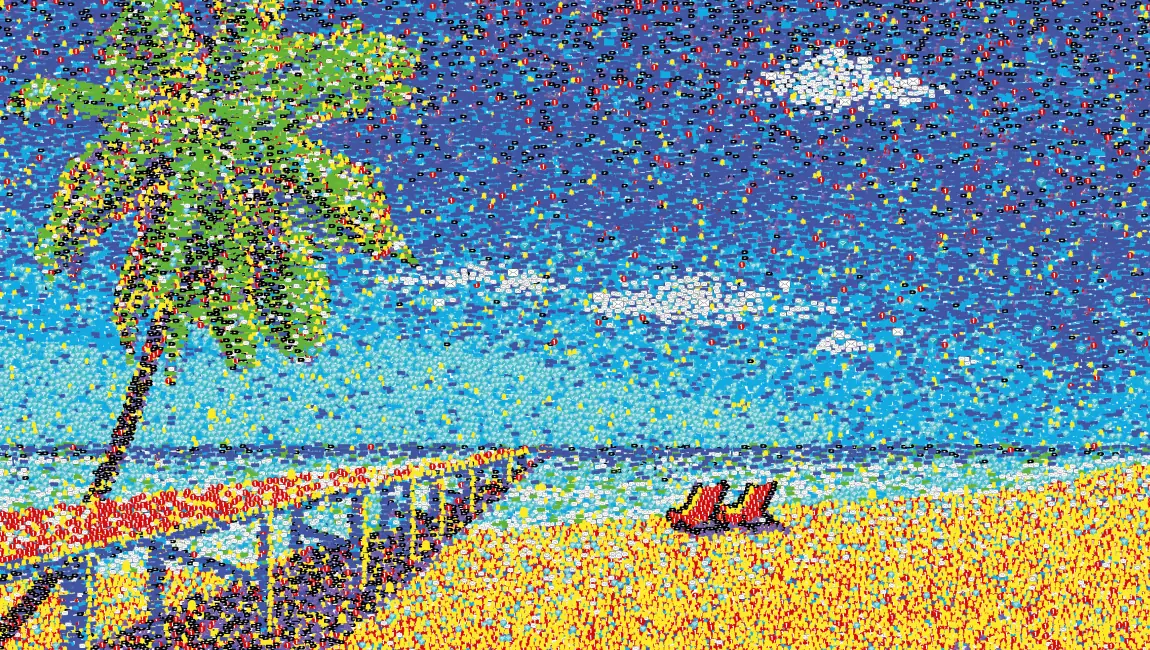 a colorful holiday landscape created with a mosaic of digital symbols