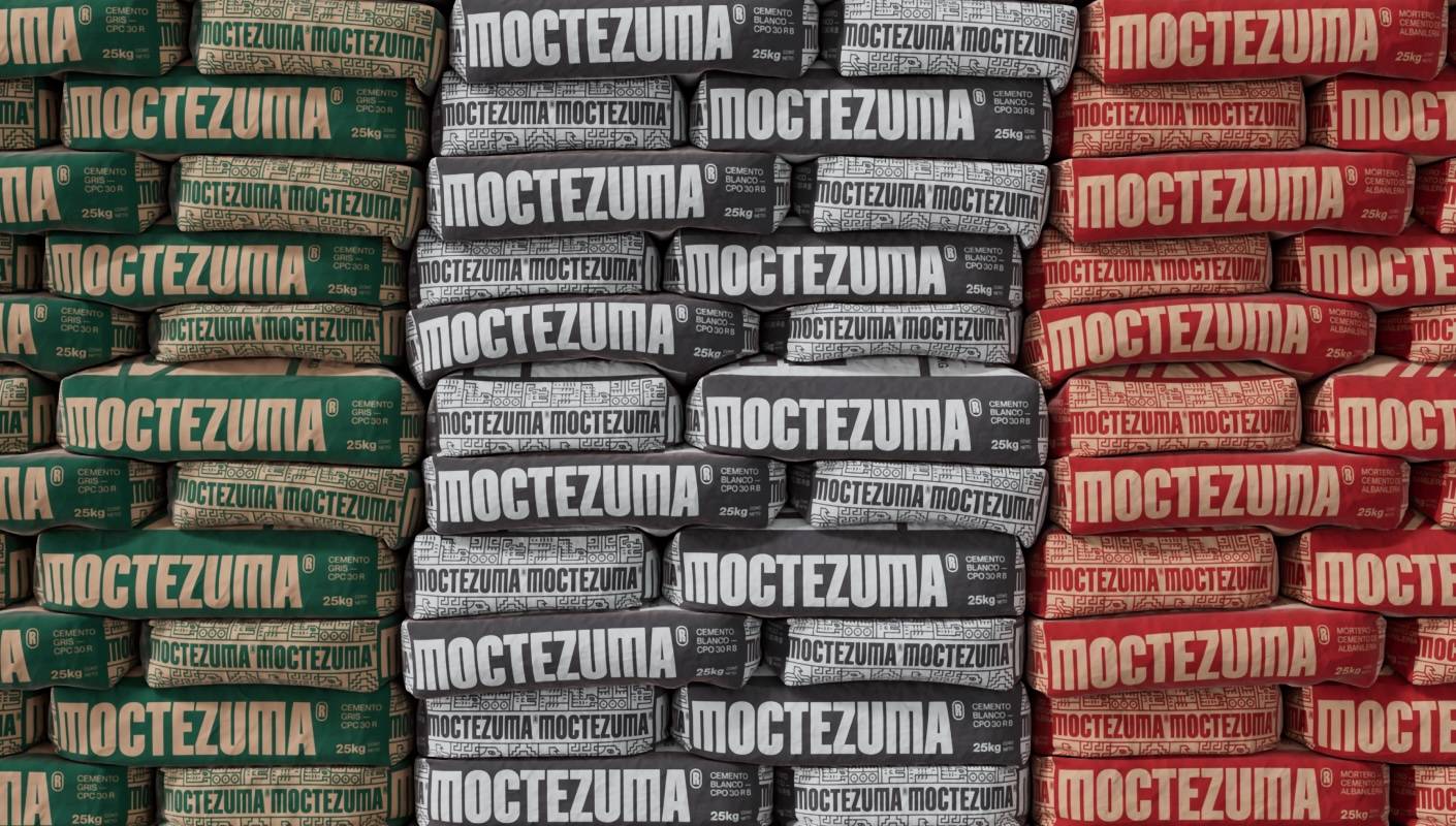 Moctezuma_Rebranding_B_A Stacks of Moctezuma cement organized like the Mexican flag